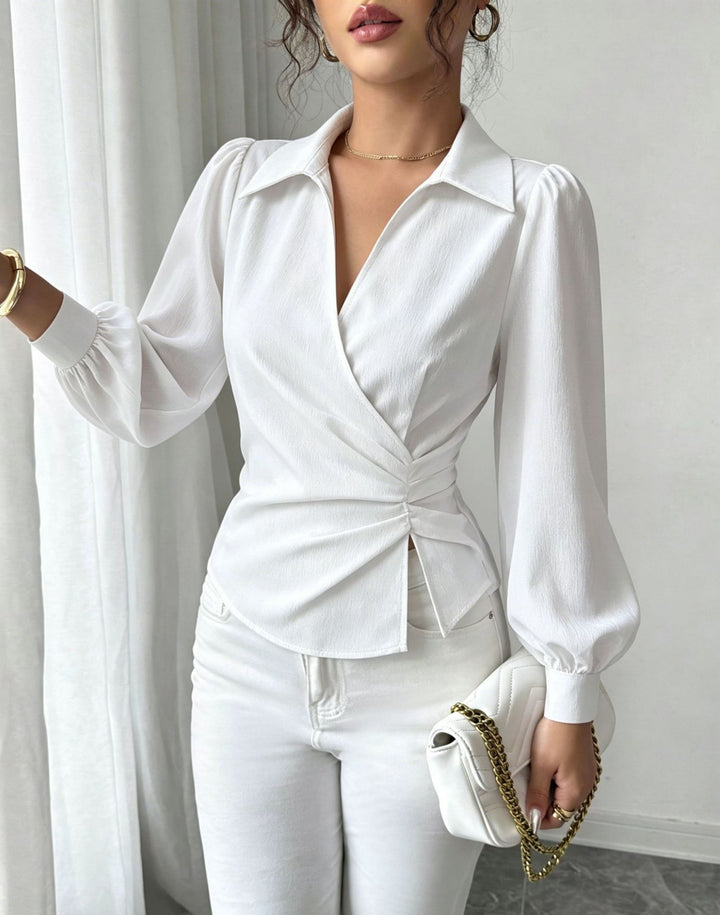 Women’s wrap blouse with waist gathering, shirt collar, and balloon sleeves Mune Fashion