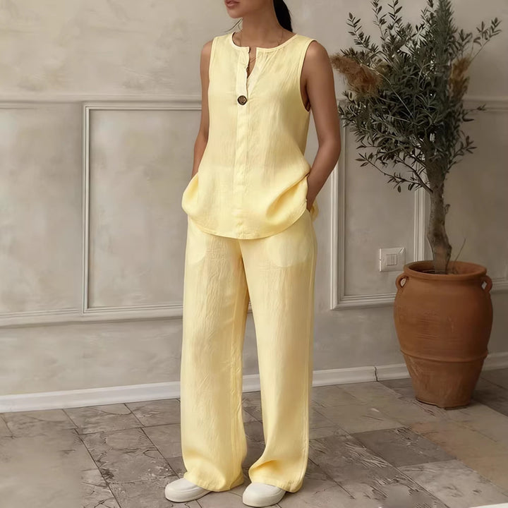 Women Linen Set with Elegant Button Detail Mune Fashion