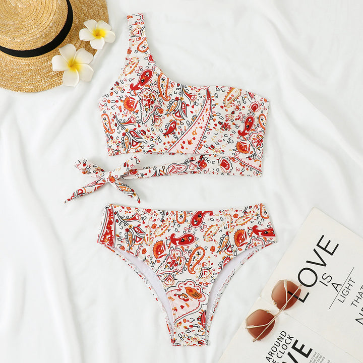 Women One-sided Bikini with Floral Design and Side Knot Mune Fashion