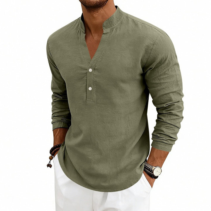 Men's Casual Long Sleeve Shirt Made of Linen with Stand-Up Collar and Short Button Placket Mune Fashion