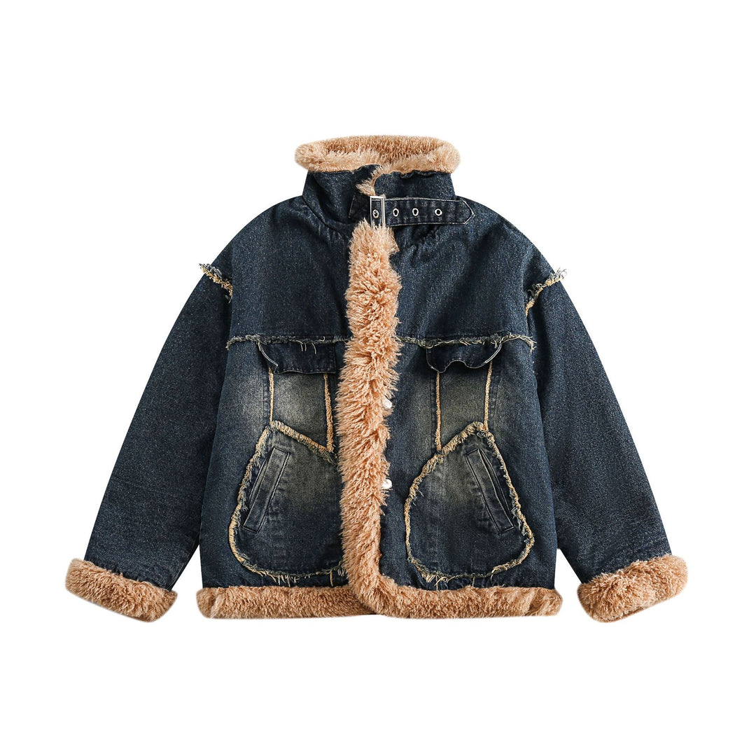 Women's denim jacket with teddy lining, high buckle collar and used effect Mune Fashion