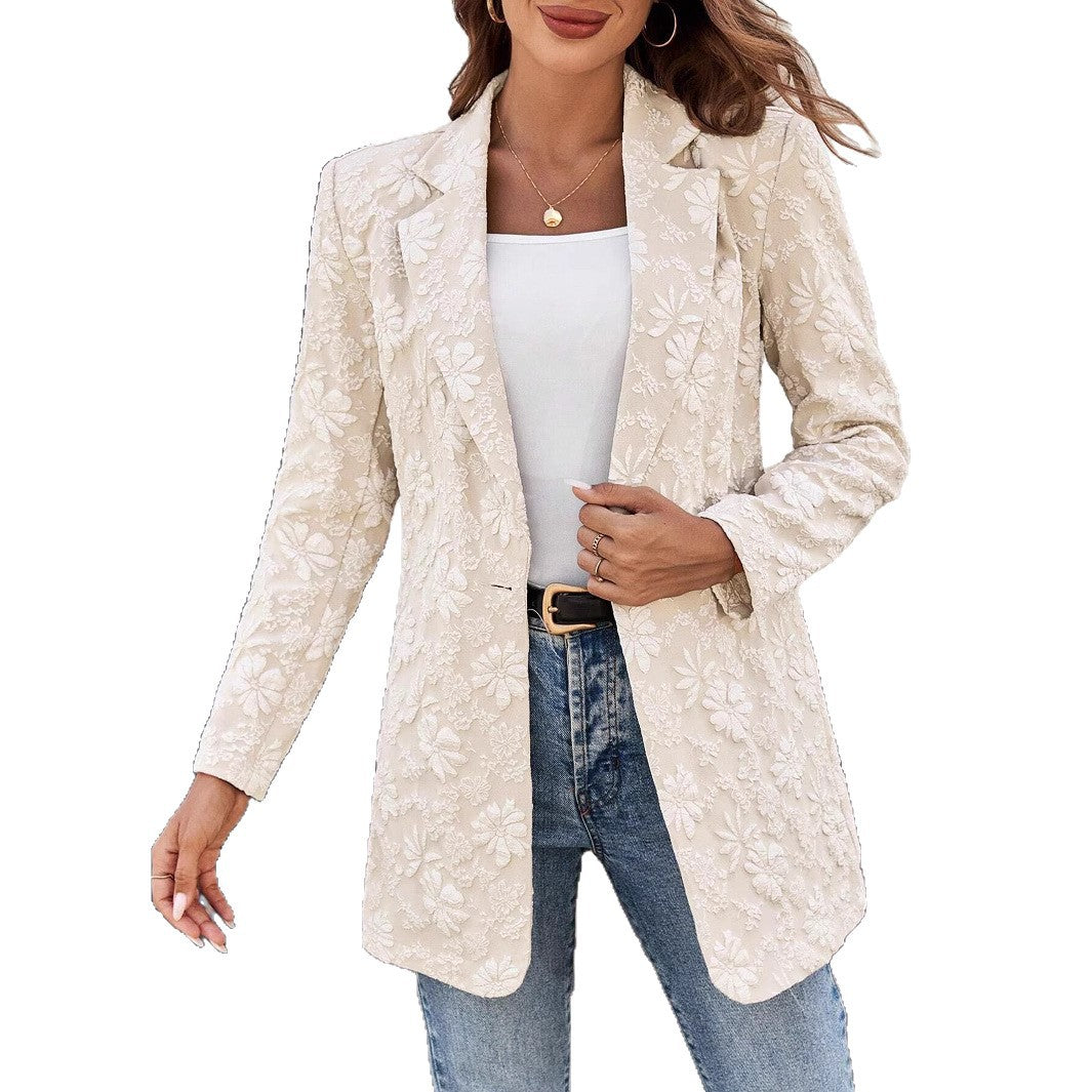 Women's nan floral embroidered long blazer with lapel collar and single-button closure Mune Fashion
