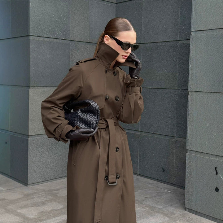 Women long cut water-repellent trench coat with high stand-up collar and waist belt Mune Fashion