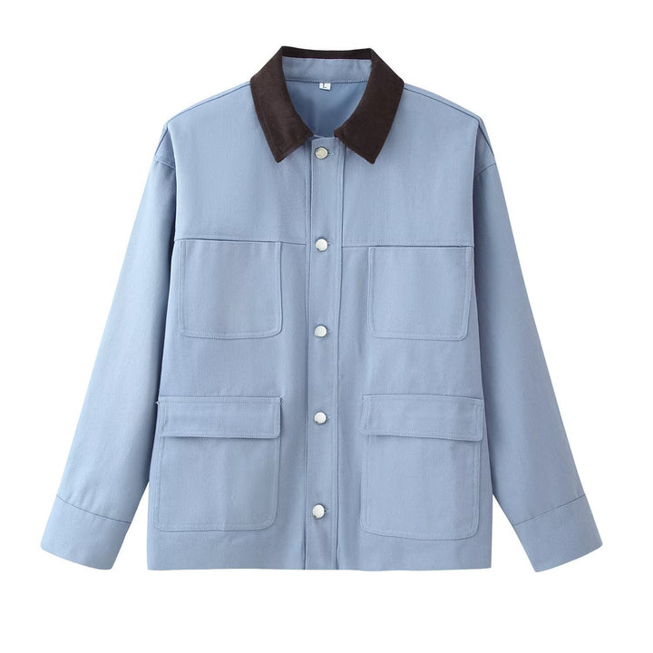 Ladies overshirt jacket with cord collar, patch pockets and snap button placket Mune Fashion