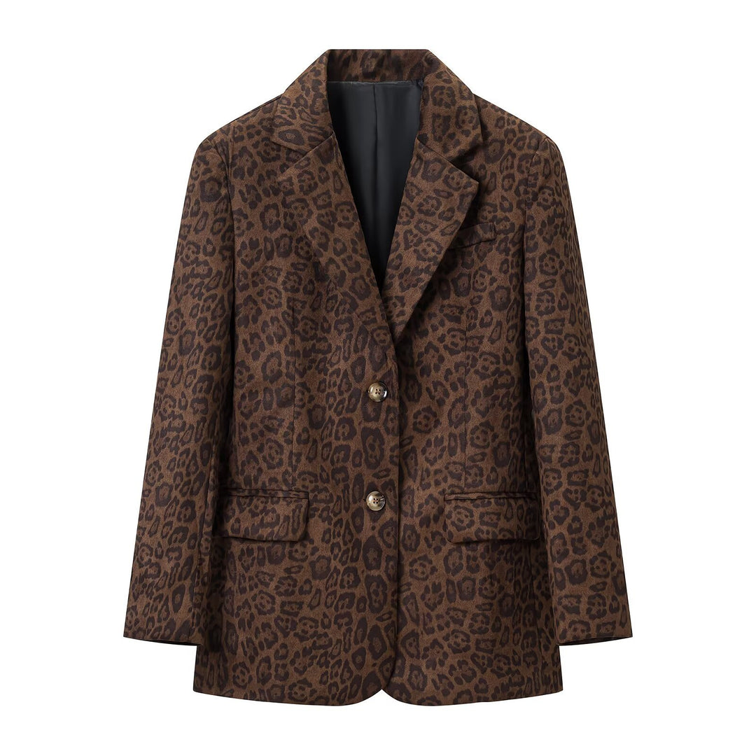 Women's Oversize Blazer with Leopard Print, Notched Lapel and Flap Pockets Mune Fashion