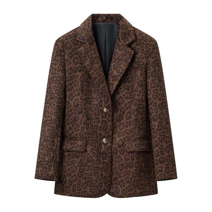 Women's Oversize Blazer with Leopard Print, Notched Lapel and Flap Pockets Mune Fashion