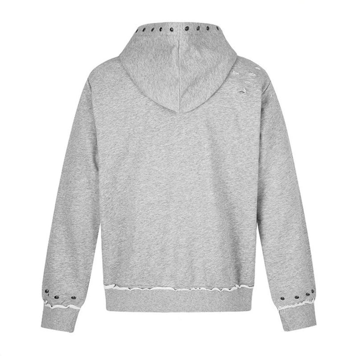 Women's hooded sweatshirt jacket with two-way zipper, frayed hem, stud detailing, and collage print Mune Fashion
