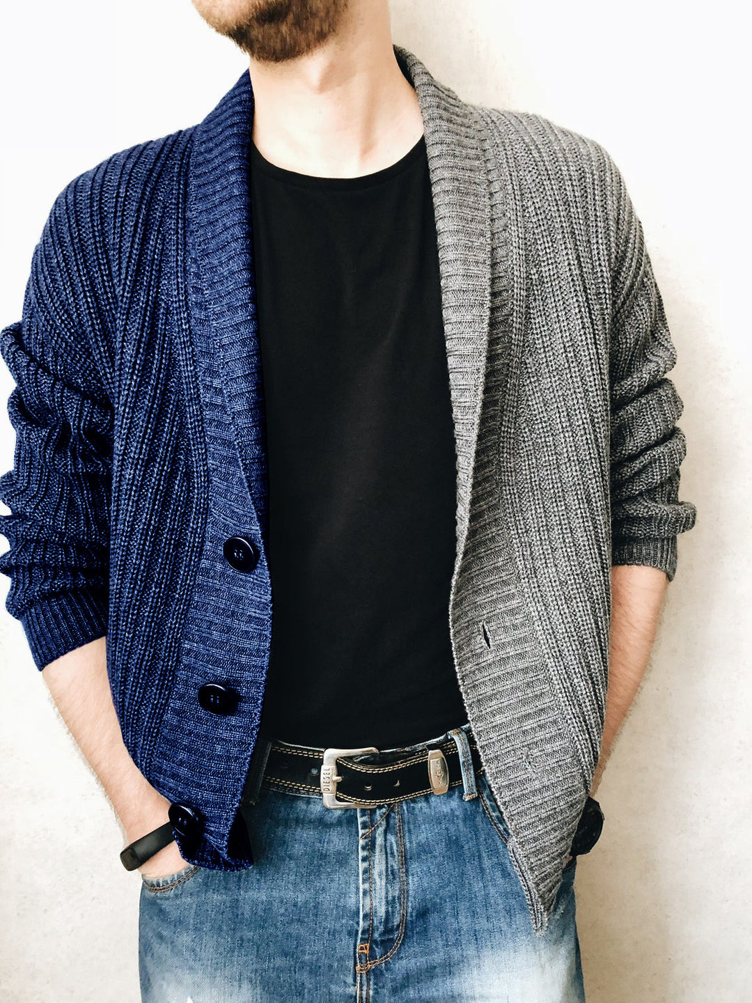 Men's chunky knit cardigan with shawl collar, ribbed texture and distinctive buttons Mune Fashion