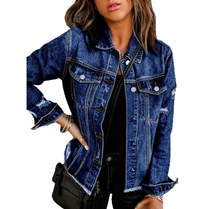 Women Tailored Denim Jacket with Destroyed Accents, Patch Pockets, and Visible Quilted Stitching Mune Fashion