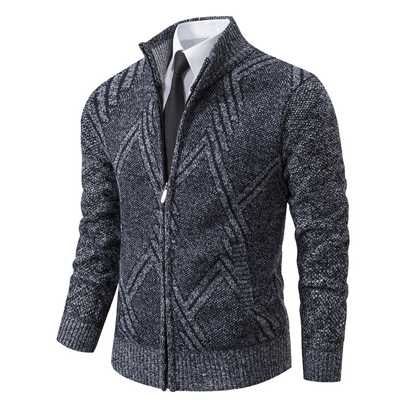 Men's knit zip cardigan with stand-up collar and textured jacquard pattern Mune Fashion