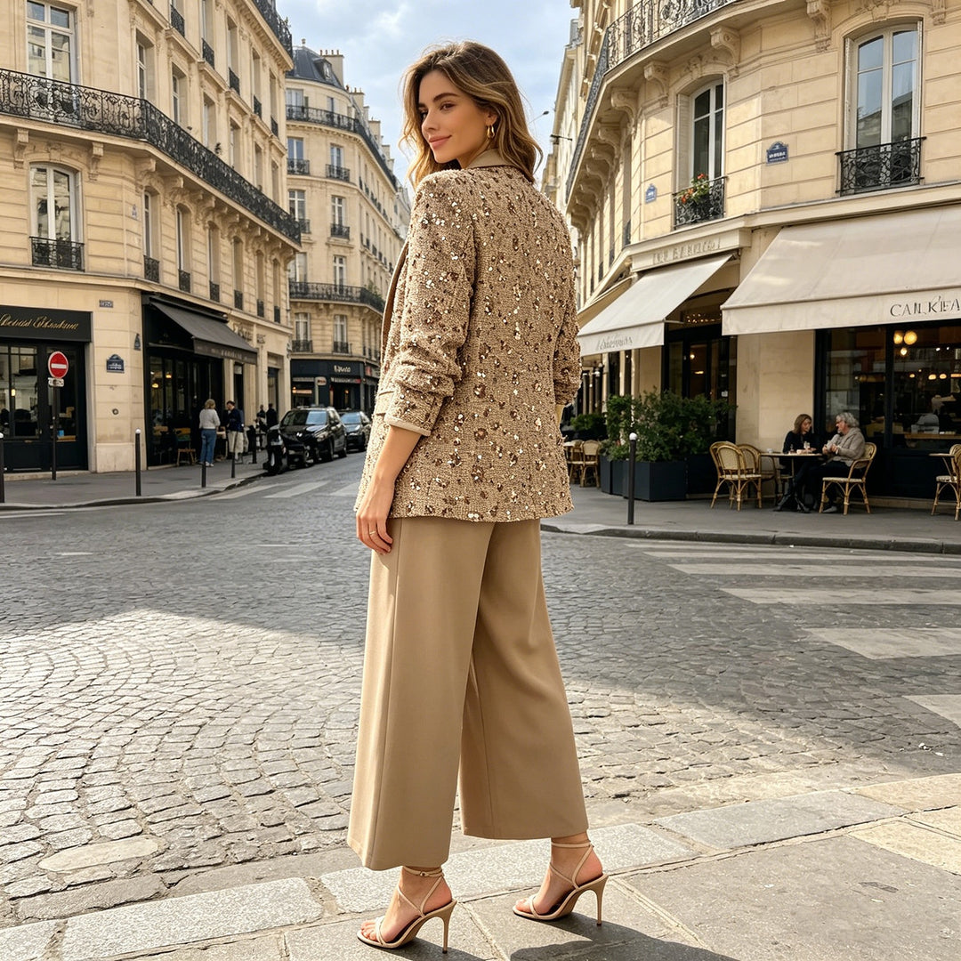 Women's Tweed Blazer with Shawl Collar, Tie Belt and Wide Palazzo Pants Set Mune Fashion