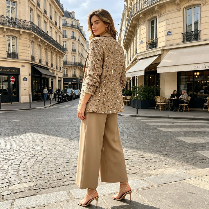 Women's Tweed Blazer with Shawl Collar, Tie Belt and Wide Palazzo Pants Set Mune Fashion