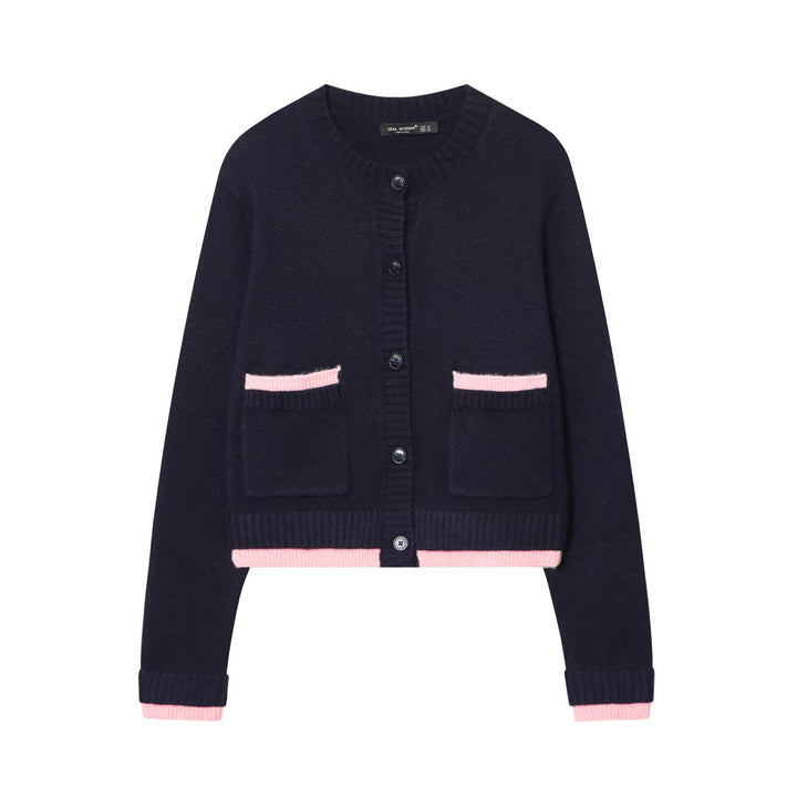 Women's Short Boxy Knit Cardigan with Patch Pockets and Contrasting Cuffs Mune Fashion