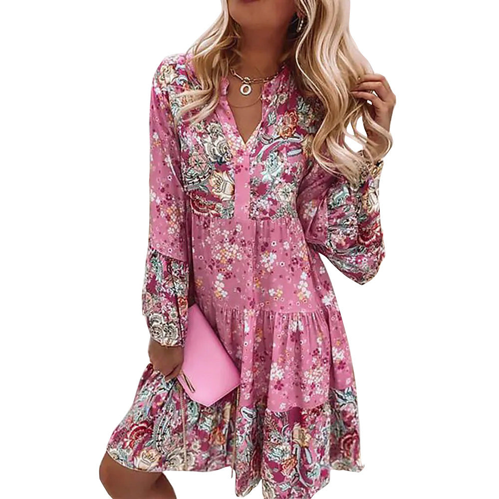Women nan floral Boho dress with V-neck and tiered skirt Mune Fashion