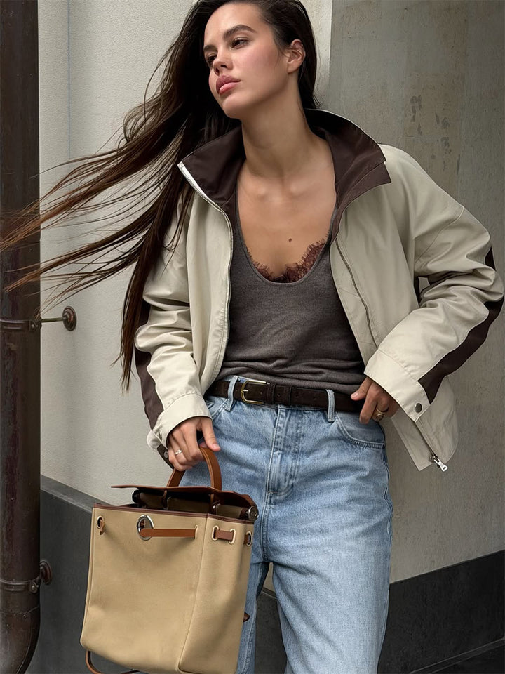 Women's Lightweight Bomber Jacket in Colorblock Style with High Stand-Up Collar Mune Fashion