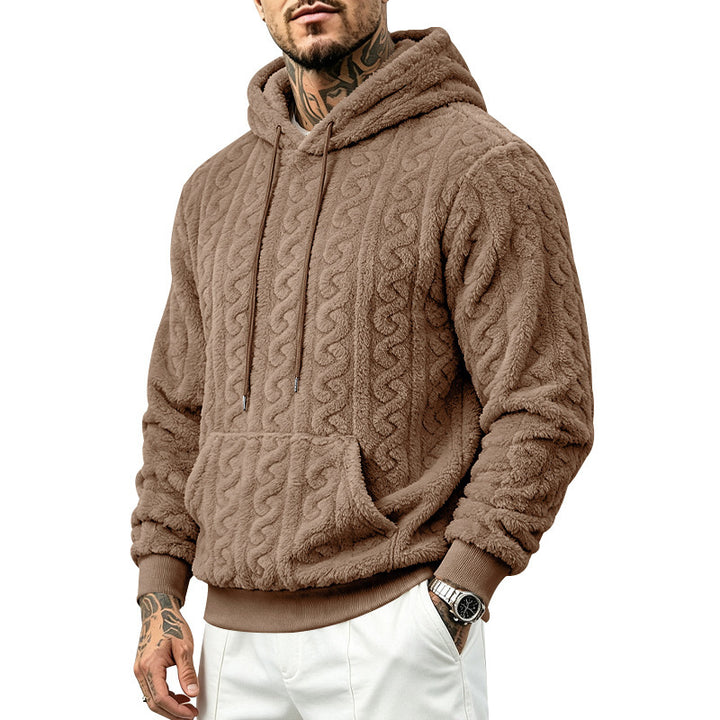 Men's cozy teddy fleece hoodie with cable pattern and kangaroo pocket Mune Fashion