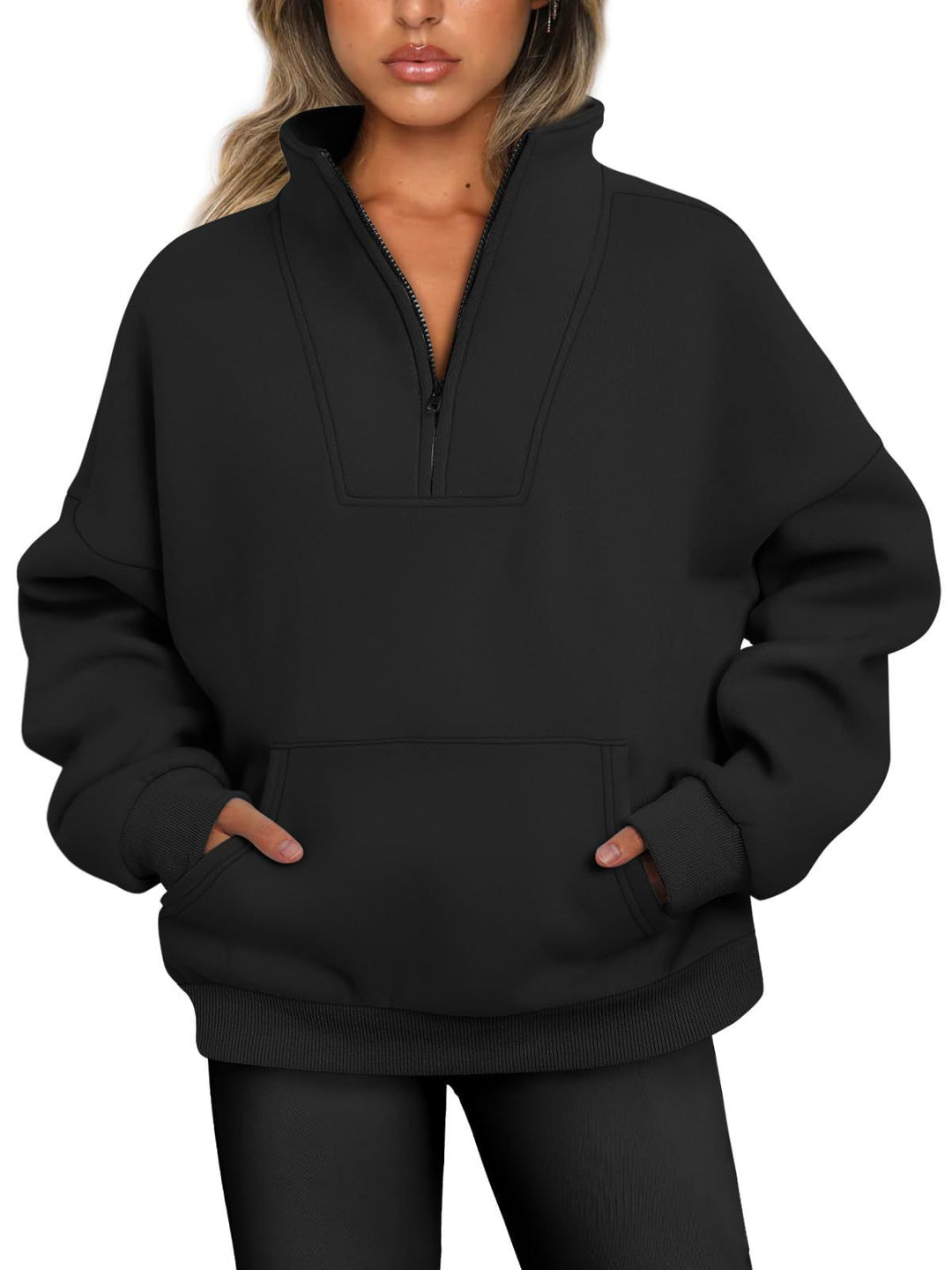 Women's oversized half-zip hoodie with high stand collar, kangaroo pocket, and ribbed cuffs Mune Fashion