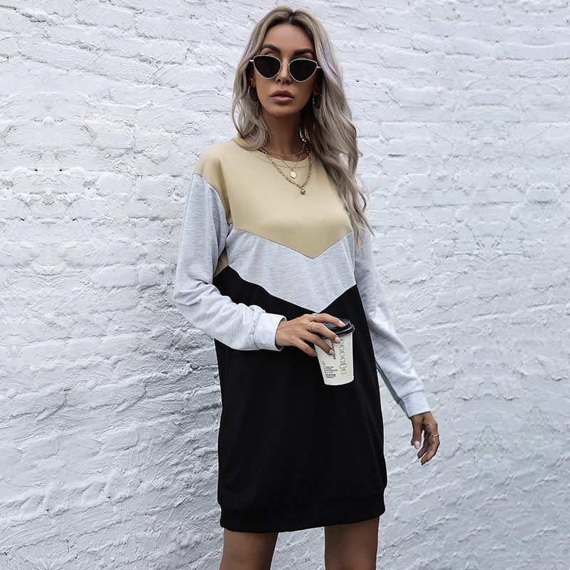 Women's Colorblock Sweatshirt Dress with V-Inset, Long Sleeve and Casual Hem