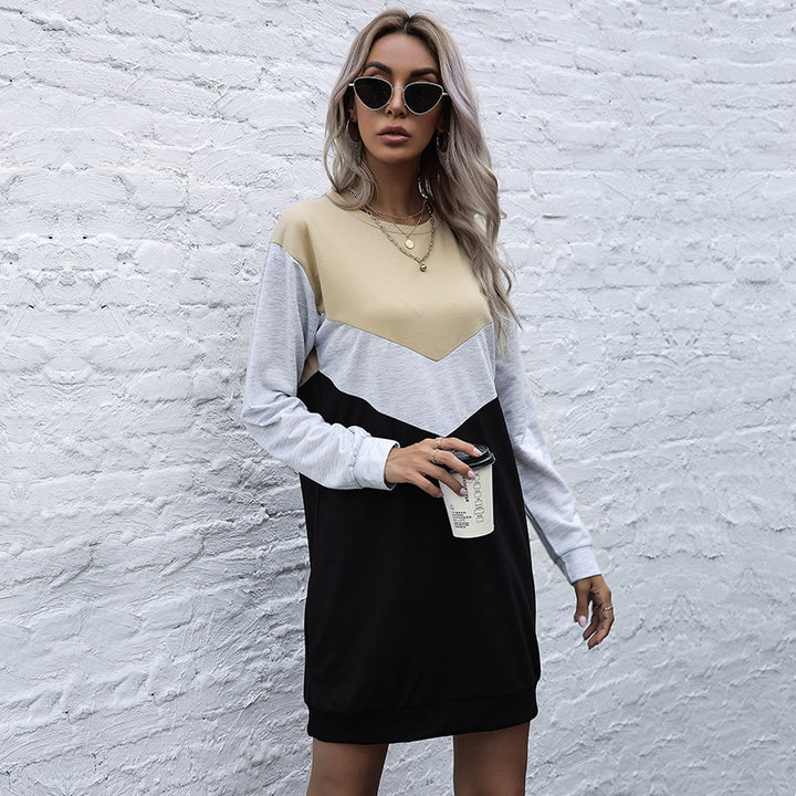 Women's Colorblock Sweatshirt Dress with V-Inset, Long Sleeve and Casual Hem