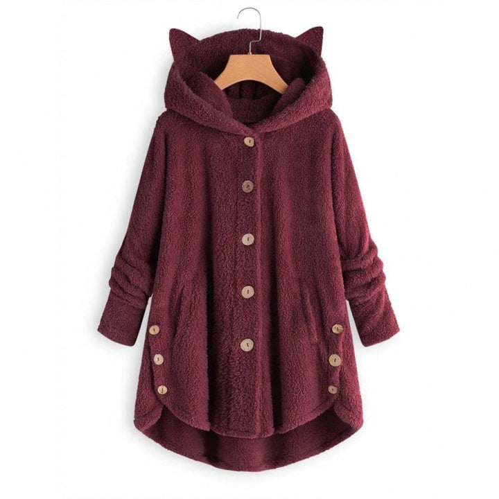 Women's Hooded Teddy Coat with Cat Ears, Button Placket and Asymmetrical Hem Mune Fashion