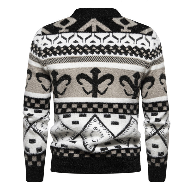 Men's fine-knit mock neck sweater with jacquard pattern and ribbed cuffs Mune Fashion