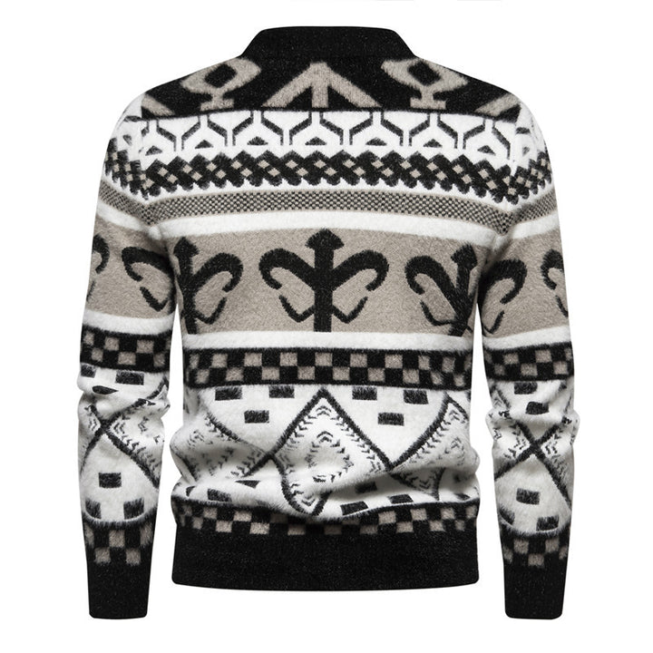 Men's fine-knit mock neck sweater with jacquard pattern and ribbed cuffs Mune Fashion