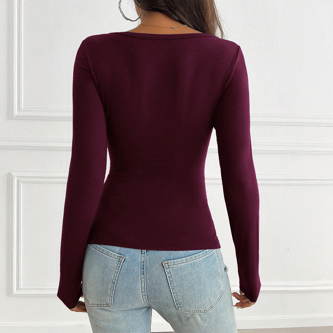 Women's tailored long-sleeve shirt with gathered button placket and deep V-neck Mune Fashion