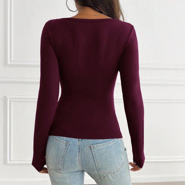 Women's tailored long-sleeve shirt with gathered button placket and deep V-neck Mune Fashion
