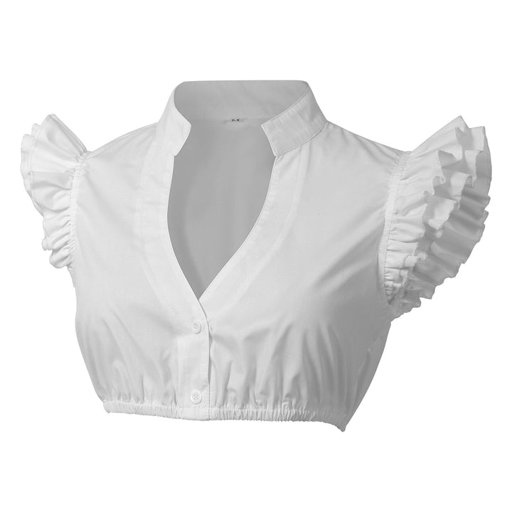Women's short-cut blouse with stand-up collar V-neck and flared sleeves Mune Fashion