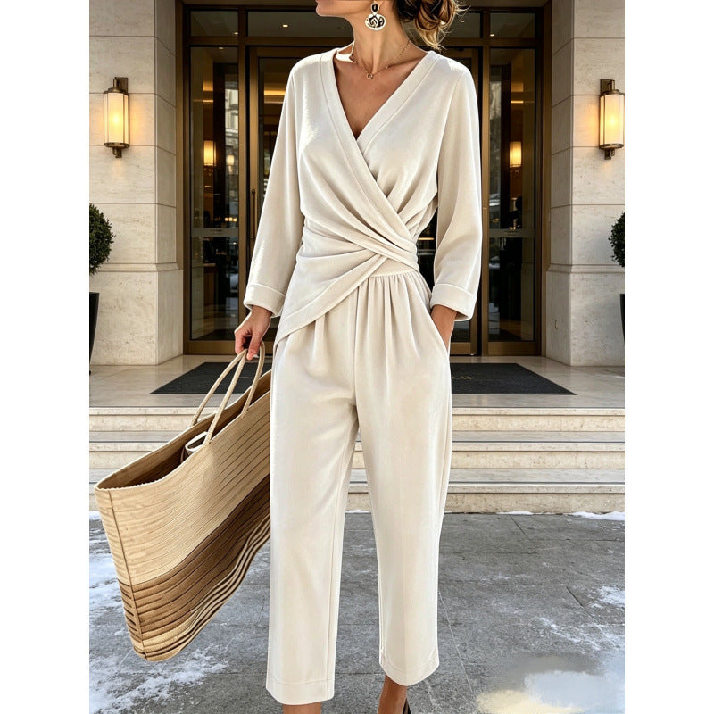 Women's velvet jumpsuit with wrap top, tailored draping, and wide ankle-length leg Mune Fashion