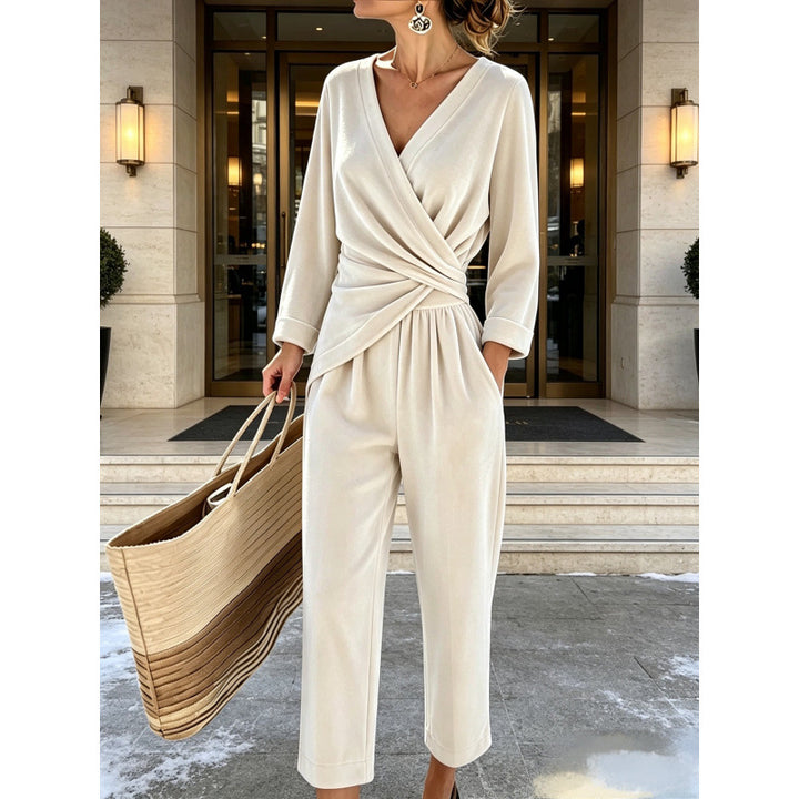 Women's velvet jumpsuit with wrap top, tailored draping, and wide ankle-length leg Mune Fashion