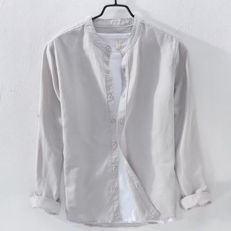 Men's lightweight linen shirt with stand collar and full button placket Mune Fashion