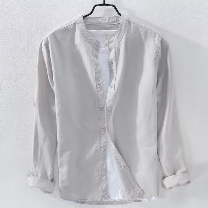 Men's lightweight linen shirt with stand collar and full button placket Mune Fashion
