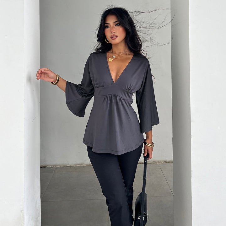 Women V-neck Tunic with Empire seam and 3/4 sleeves Mune Fashion
