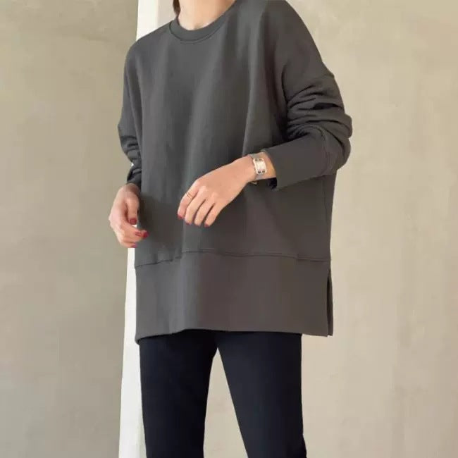 Women Boxy Sweatshirt with extended hem band, side slits, and raglan sleeves Mune Fashion