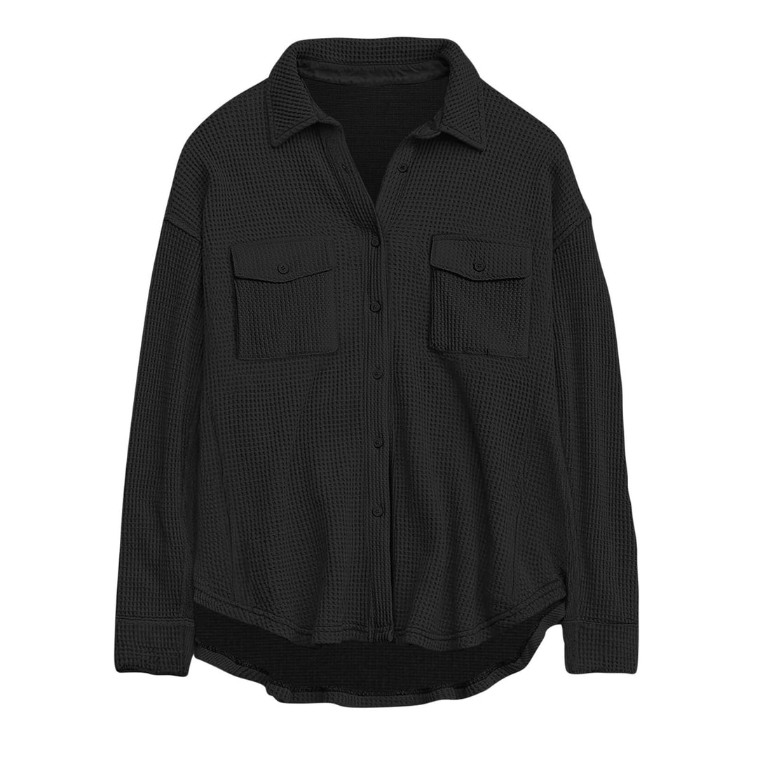 Women's oversized waffle knit shirt jacket with chest pockets and button placket Mune Fashion