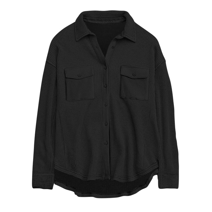 Women's oversized waffle knit shirt jacket with chest pockets and button placket Mune Fashion