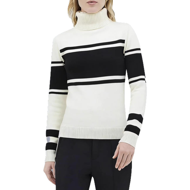 Women's long turtleneck knit dress with star motif, block stripes and elastic ribbed hem