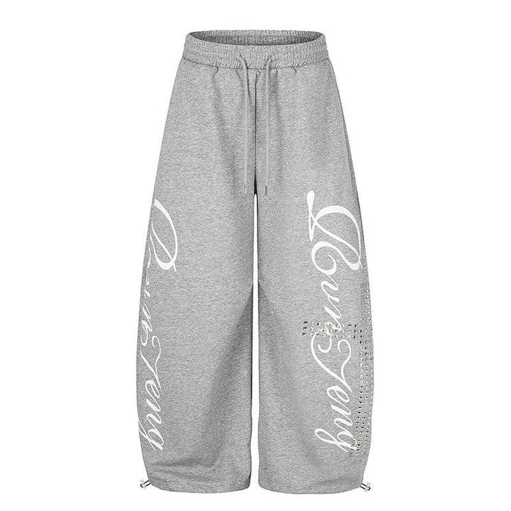 Women's Palazzo Sweatpants in Culotte Style with High Waist, Drawstring, Text Print and Rhinestone Trim Mune Fashion
