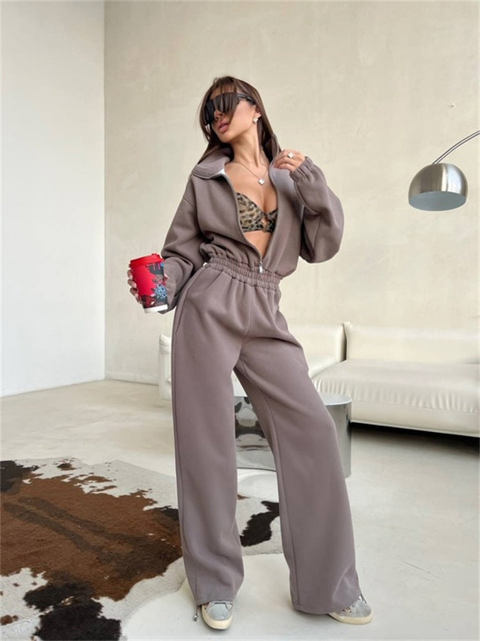 Women's Relaxed Loungewear Set with Half-Zip Stand Collar and High-Waisted Wide-Leg Jogging Pants Mune Fashion
