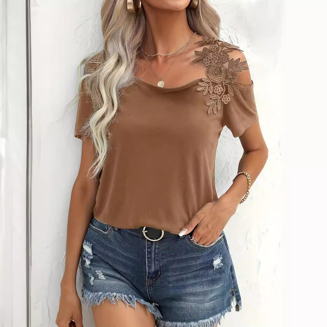 Women's off-the-shoulder jersey shirt with floral lace application and loose fit Mune Fashion