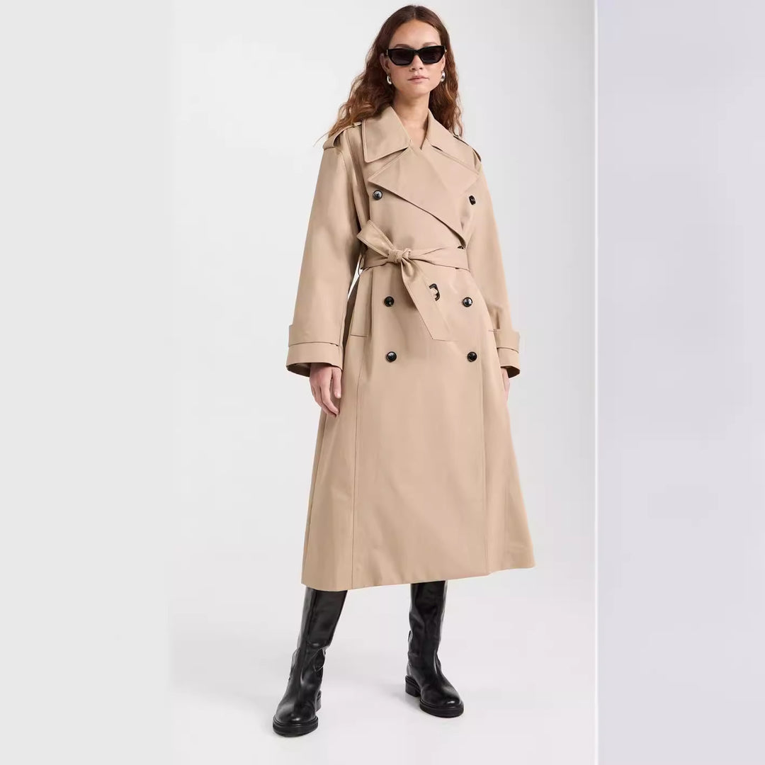 Women's Long Trench Coat made of Cotton Blend with Double-Breasted Button Placket, Waist Belt and Shoulder Flaps Mune Fashion