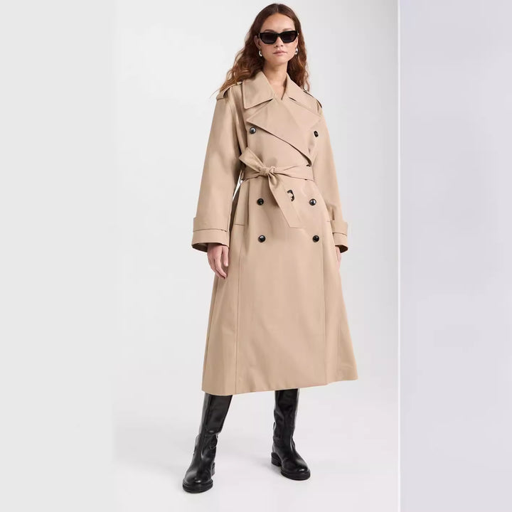 Women's Long Trench Coat made of Cotton Blend with Double-Breasted Button Placket, Waist Belt and Shoulder Flaps Mune Fashion