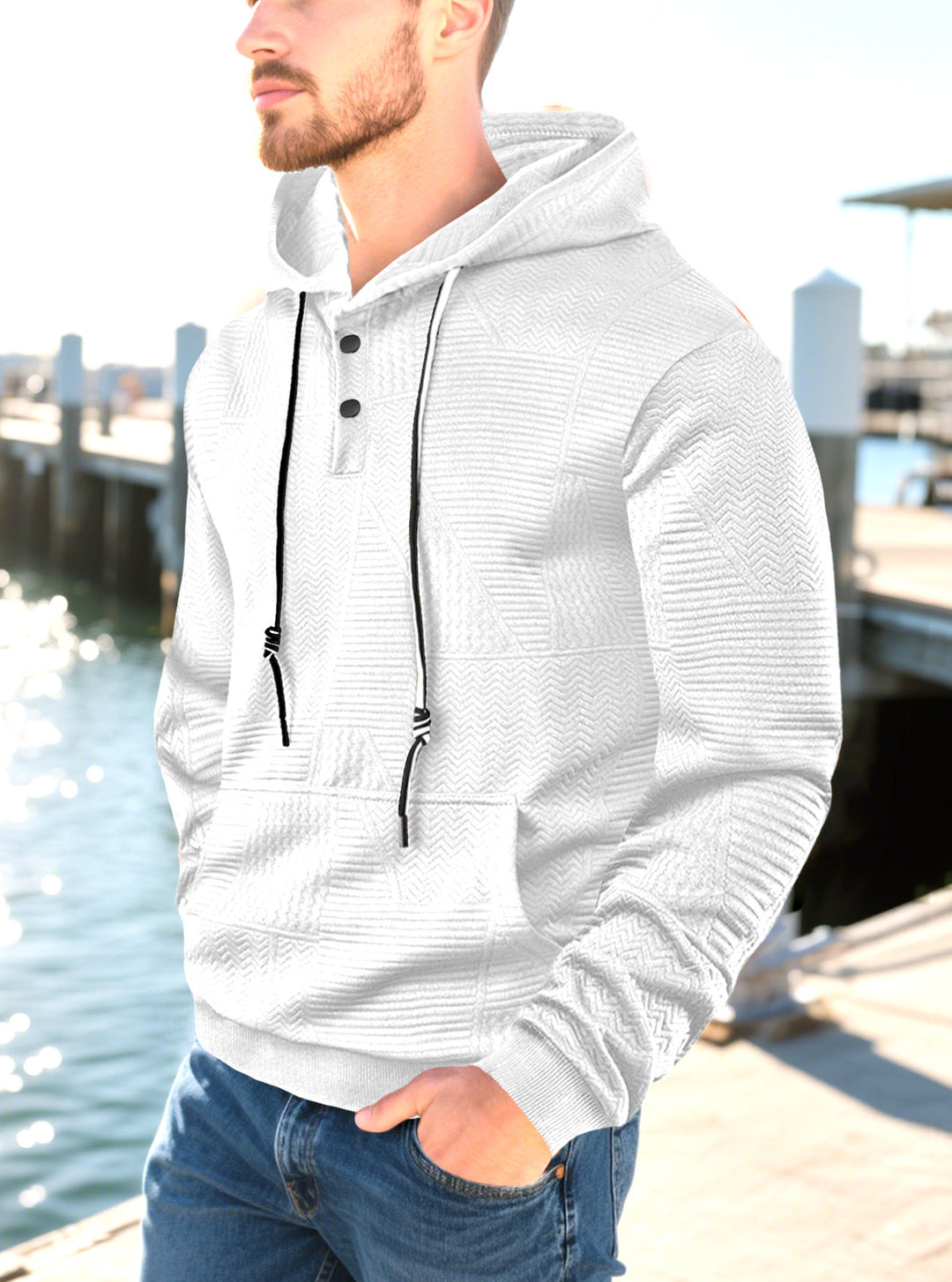 Men's hooded sweatshirt with geometric structure, Henley placket, and kangaroo pocket Mune Fashion