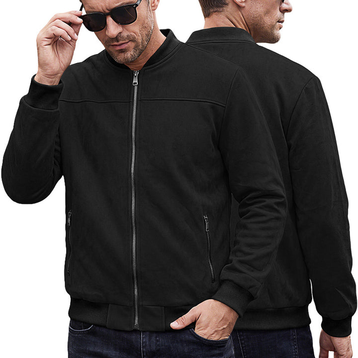Men's Suede Look Bomber Jacket with Ribbed Cuffs and Zipper Pockets Mune Fashion