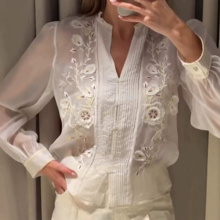 Ladies Transparent Embroidered Chiffon Blouse with Pintucks, V-Neck and Balloon Sleeves Mune Fashion