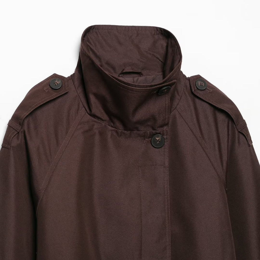 Women's Short Tailored Rain Jacket in Trench Style with Stand Collar and Tie Belt Mune Fashion