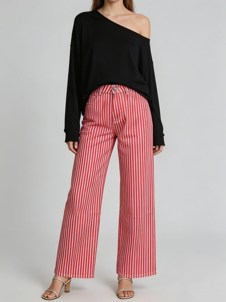 Ladies wide High-Waist Palazzo pants with vertical stripe design and quilted knee areas Mune Fashion