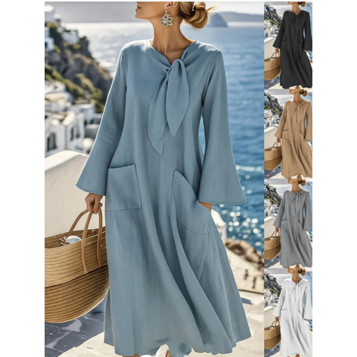Women's Lightweight Maxi Dress with Bind Bow, Bell Sleeves and Patch Pockets Mune Fashion