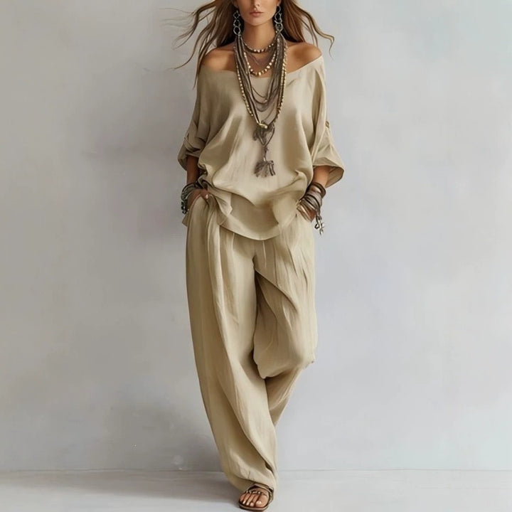 Women's Casual Lightweight Lounge Set with Off-the-Shoulder Neckline and Palazzo Pants Mune Fashion